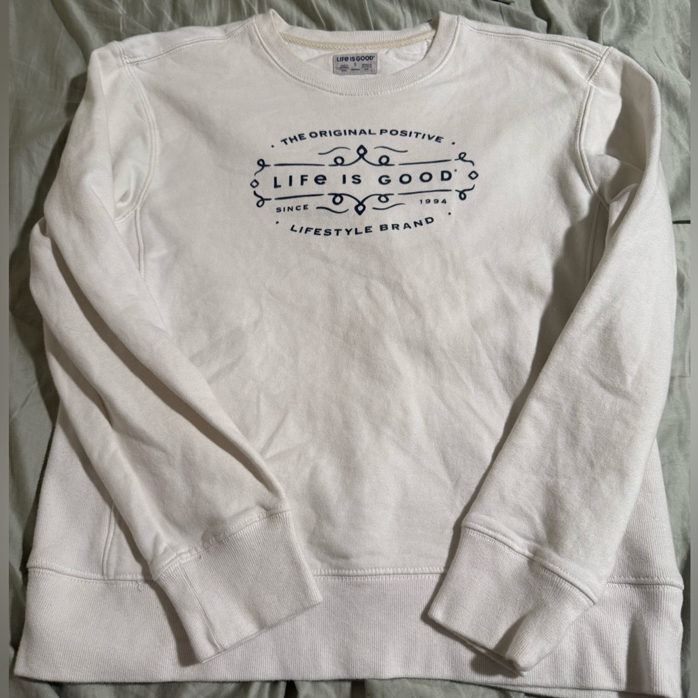 life is good white crewneck with blue graphic size small